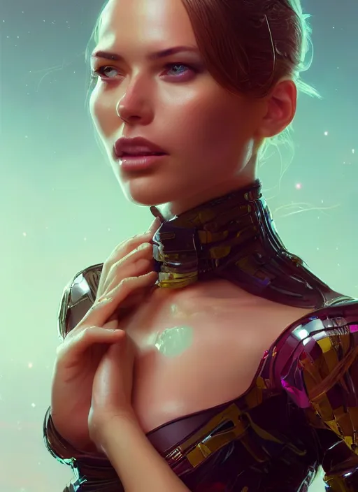 Image similar to highly detailed portrait of a beautiful female wearing a latex suit, stephen bliss, 8 k, unreal engine, by greg rutkowski, loish, rhads, ferdinand knab, makoto shinkai and lois van baarle, ilya kuvshinov, rossdraws, tom bagshaw, global illumination, radiant light, detailed and intricate environment