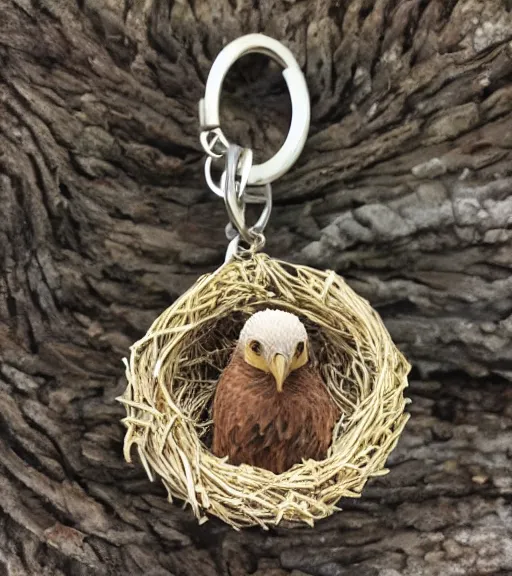 Prompt: realistic keychain of 'an eagle in the nest of a snowy pine tree'