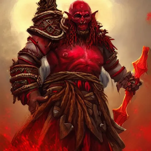 Image similar to red orc shaman, red theme lighting, skull staff, skull garments, battlefield background, in hearthstone art style, epic fantasy style art, fantasy epic digital art, epic fantasy card game art