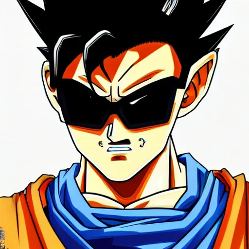 Image similar to portrait of goku from dragon ball wearing shades and a gold chain incredibly detailed, color, smooth, concept art, illustration,