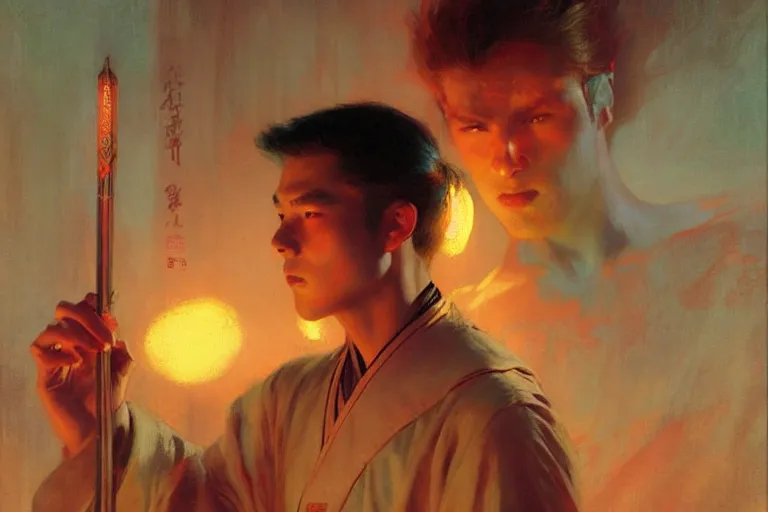 Image similar to wuxia, summer, attractive male, neon light, painting by gaston bussiere, craig mullins, j. c. leyendecker