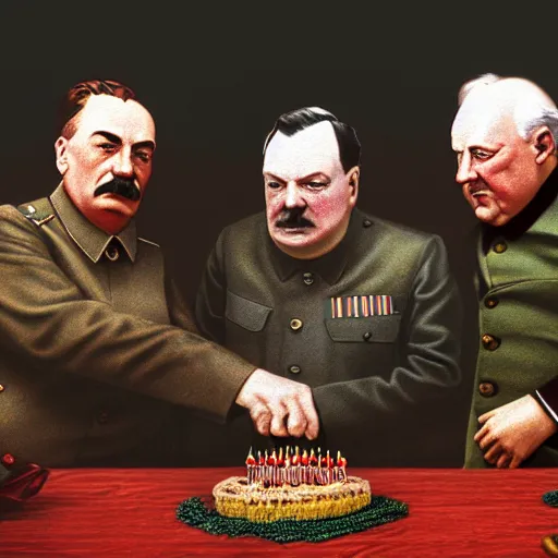 Image similar to Stalin, Churchill and Franklin Roosevelt having a wild birthday party, colorized, fantasy painting,hyperrealistic, highly detailed, depth of field, High definition, 8k, octane render, artstation