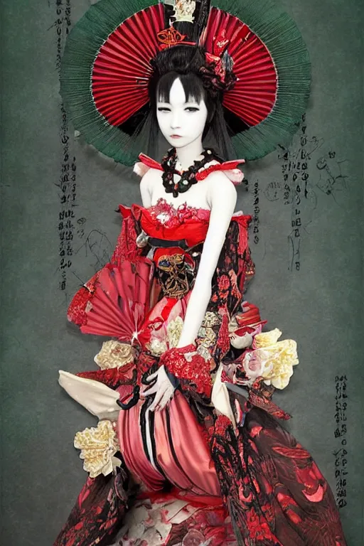 Image similar to avant - garde japanese bjd geisha vampire queen in victorian red dress in the style of dark - fantasy lolita fashion painted by yoshitaka amano, takato yamamoto, james jean, dmt art, symmetrical vogue face portrait, volumetrics, intricate detail, artstation, cgsociety, artgerm, gold skulls, rococo