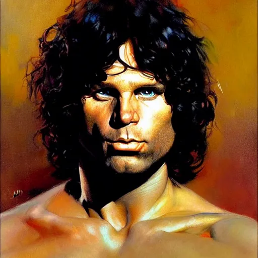 Image similar to exaggerated funny caricature portrait of jim morrison, detailed face, detailed painting, epic lighting, by ilya repin, phil hale and kent williams