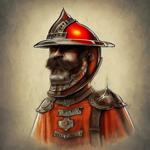 Image similar to An old man with a ginger beard, wearing knights armour and a fire fighters helmet, highly detailed, digital art, sharp focus, trending on art station, anime art style