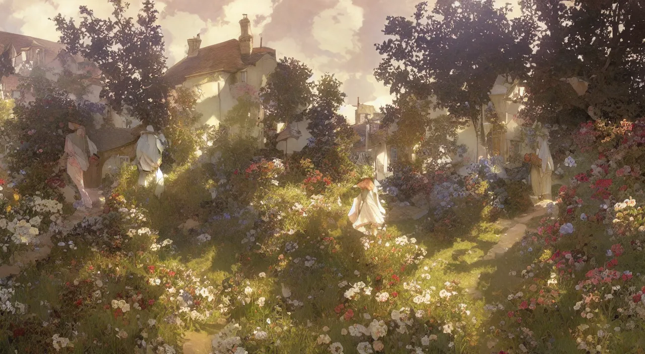 Prompt: A beautiful landscape painting of a small English village by Alfons Maria Mucha and Julie Dillon and Makoto Shinkai