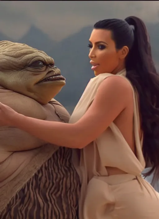 Prompt: film still of kim kardashian as princess leigha being hugged by jabba the hutt in star wars.