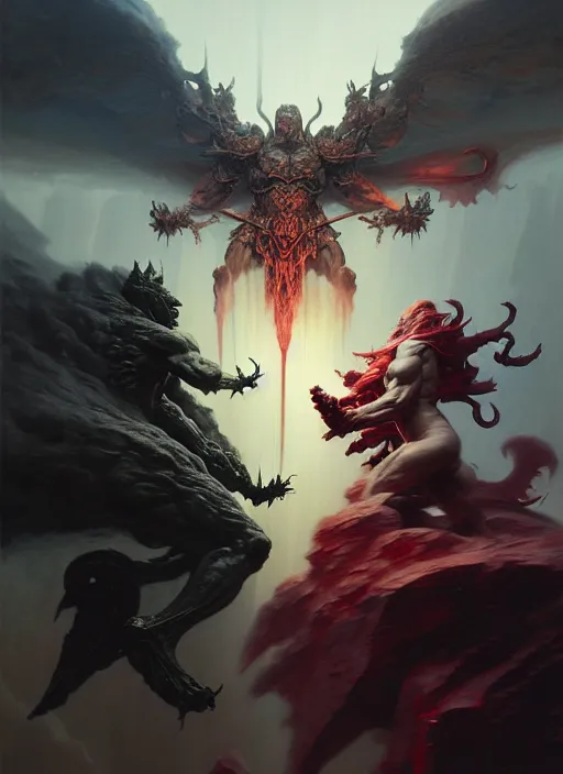 Prompt: fantasy battle between heaven and hell, dim light, front game card, marvel comics, dark, intricate, highly detailed, smooth, artstation, digital illustration by ruan jia and mandy jurgens and artgerm and wayne barlowe and greg rutkowski and zdislav beksinski