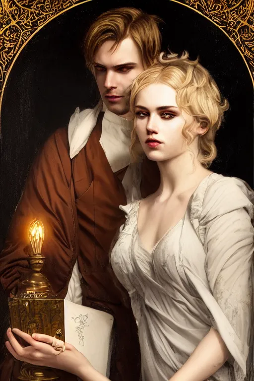 Image similar to a portrait of handsome young male nordic Satan and his elegant beautiful nordic cultist wife, bored, illustration, dramatic lighting, soft details, painting oil on canvas, art nouveau, octane render, HDR, 4k, 8k, HD, by Edmund Blair Leighton, Brom, Charlie Bowater, trending on artstation, faces by Tom Bagshaw, Sargent