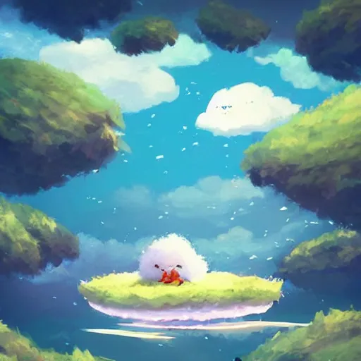 Prompt: placid fluffly floating island scene, wonderland of drifting floating islands, amazing dreamscape, unbelievable beauty of this pleasant afternoon, drifting high in the sky, islands with little vegetation, floating islands, trending on pixiv, cute and fun