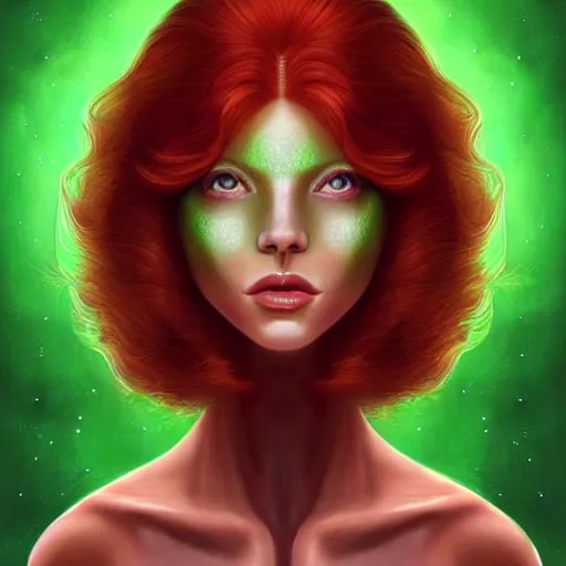 Prompt: Redhead Pleiadian alien human beautiful hybrid feminine woman, green skin, long gorgeous red hair in loose curls, with stunning green eyes, cute round face and a roundish nose, as a retrofuturistic heroine, face and body, gorgeous psychedelic digital painting, artstation, concept art, smooth, sharp focus, illustration, art by artgerm and donato giancola and Joseph Christian Leyendecker, Ross Tran, WLOP