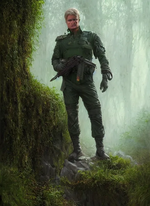 Image similar to portrait of a young richard dean anderson wearing a green combat uniform, in a post appocalyptic city overgrown by plants, by stanley artgerm lau, by wlop, by luis royo, by greg rutkowski, cover illustration, concept art, volumetric lighting, volumetric atmosphere, sharp focus, octane render, trending on artstation, 8 k