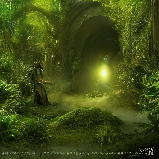 Prompt: stargate sg 1 in a densely overgrown jungle, fantasy, dreamlike sunrise volumetric lighting, ultra realistic, atmospheric, stopped in time, epic