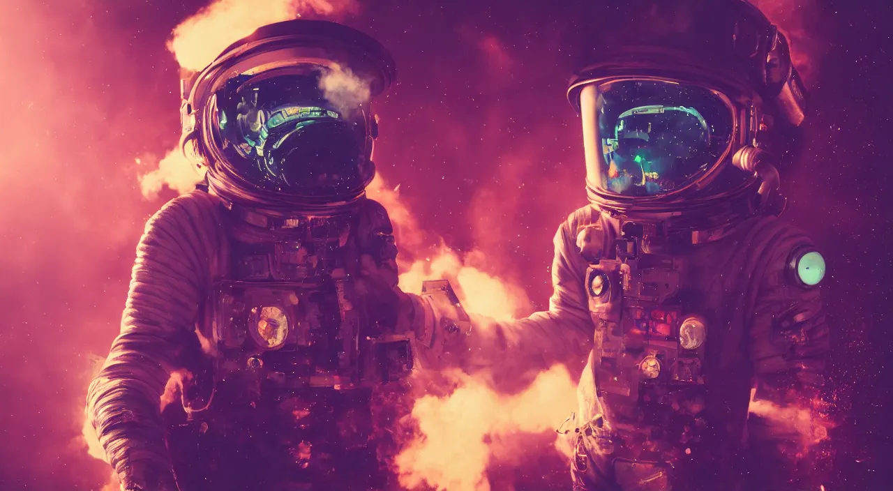 Prompt: a man in a space suit with a smoke bomb in his hand, cyberpunk art by mike winkelmann, shutterstock contest winner, space art, darksynth, retrowave, synthwave
