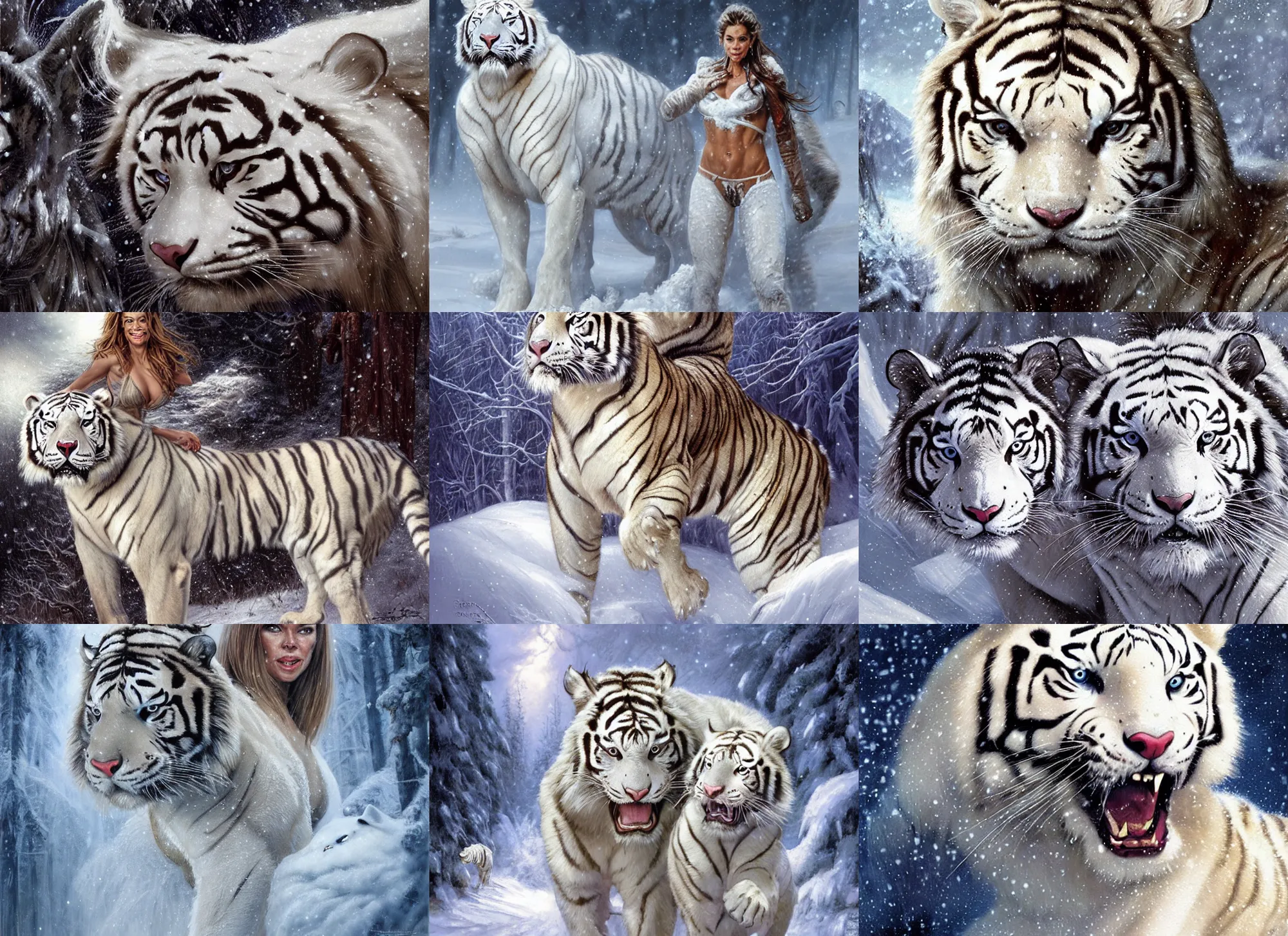 Prompt: face portrait of muscled Denise Richards riding a fierce large white tiger, wintery scene, snow storm, Donato Giancola, Mark Brooks, Ralph Horsley, Charlie Bowater, Artgerm, Christopher Balaskas, Bastien Lecouffe-Deharme