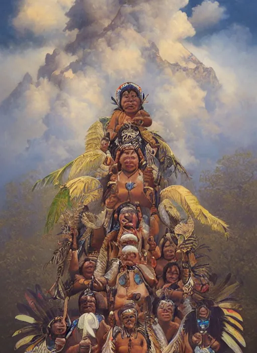 Image similar to faces of indigenous amazonian grandfathers and grandmothers spirits in the clouds, smiling, protection, benevolence, ancestors, detailed faces, hindouist painting, religious painting, art by christophe vacher