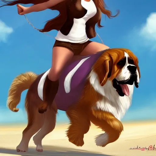 Image similar to girl riding a giant saint Bernard at the beach playing fetch, trending on artstation