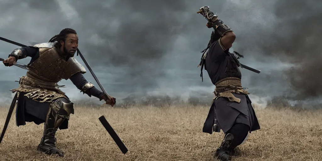 Prompt: a film still of a black man starring in a japanese blockbuster film as samurai on fire, shallow depth of field, cinematic, award winning cgi, vfx, film still