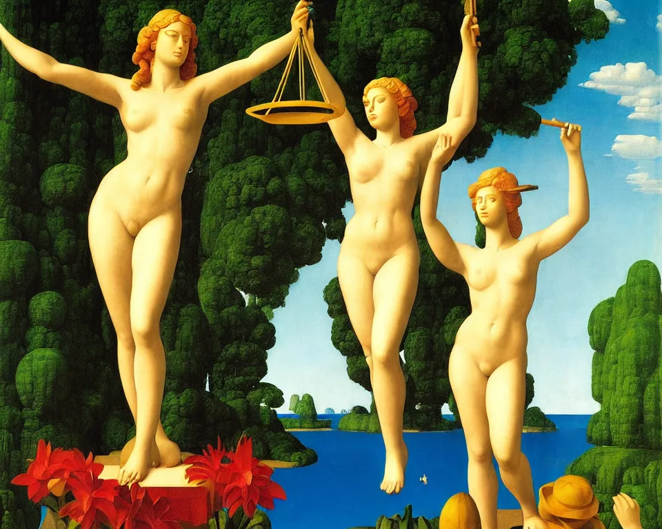 Image similar to achingly beautiful print of lady justice in a tropical temple by raphael, hopper, and rene magritte. detailed, romantic, enchanting, trending on artstation.