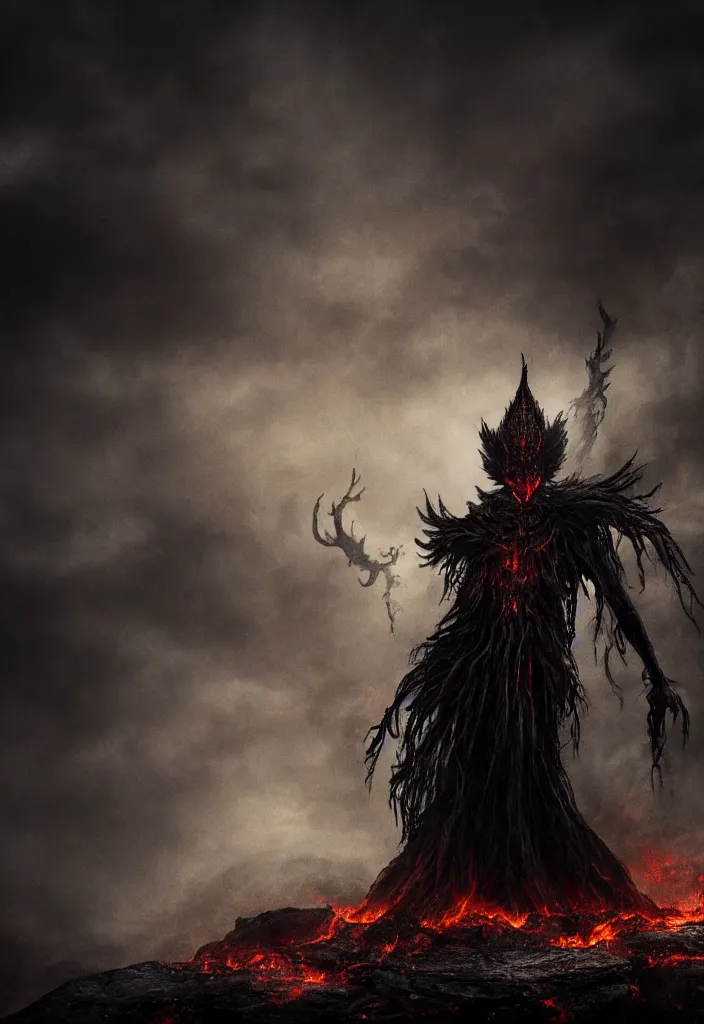 Image similar to the dark deity rise from the fire, dark and mysterious, atmospheric, ominous, eerie, cinematic, cinematic, 4k, ultra detail, ultra realistic