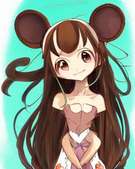 Image similar to A cute wakfu-style frontal painting of a very very beautiful anime skinny mousegirl with long wavy brown colored hair and small mouse ears on top of her head wearing a cute black dress and black shoes looking at the viewer, elegant, delicate, feminine, soft lines, higly detailed, smooth , pixiv art, ArtStation, artgem, art by alphonse mucha Gil Elvgren and Greg rutkowski, high quality, digital illustration, concept art, very long shot, sea of thieves illustration