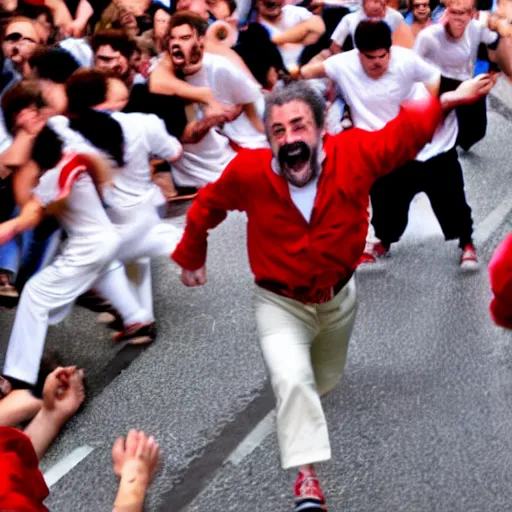 Prompt: close up of screaming bob ross running from the bulls in pamplona spain