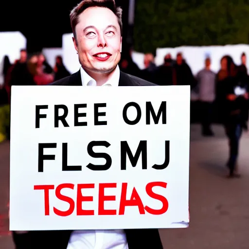 Image similar to Elon Musk holding a sign saying Free Teslas, highly detailed, high quality, HD, 4k, 8k, Canon 300mm, professional photographer, 40mp, lifelike, top-rated, award winning, realistic, sharp, no blur, edited, corrected, trending