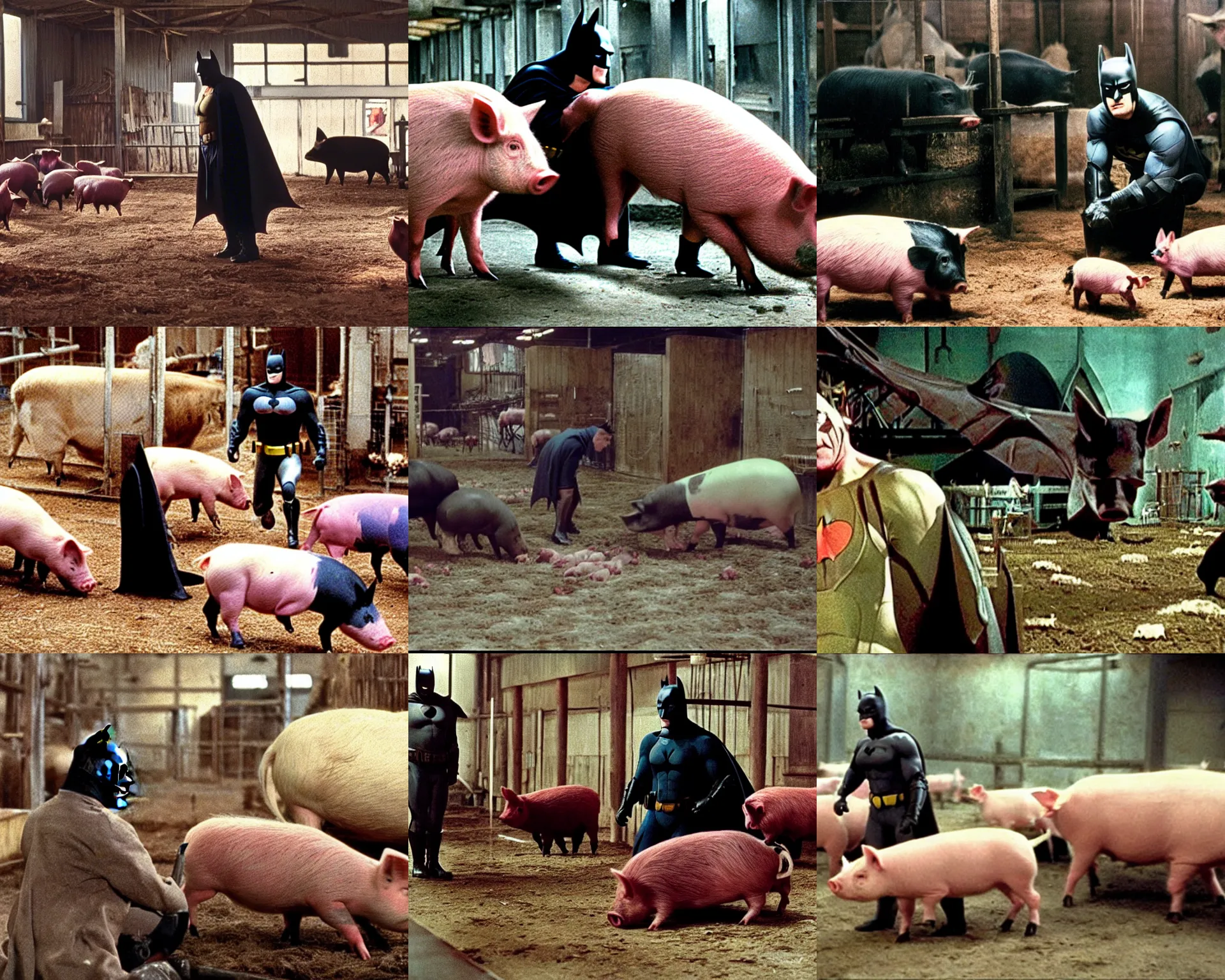 Prompt: color film still, batman tending to large pigs in a piggery. ; babe ( 1 9 9 5 )