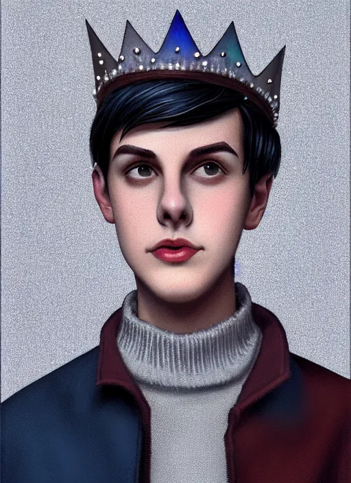 Image similar to portrait of teenage jughead jones wearing a light grey crown, crown, blue turtleneck, 1 9 5 0 s, closed eyes, photorealistic, black hair, glowing lighting, intricate, elegant, glowing lights, highly detailed, digital painting, artstation, concept art, smooth, sharp focus, illustration, art by wlop, mars ravelo and greg rutkowski