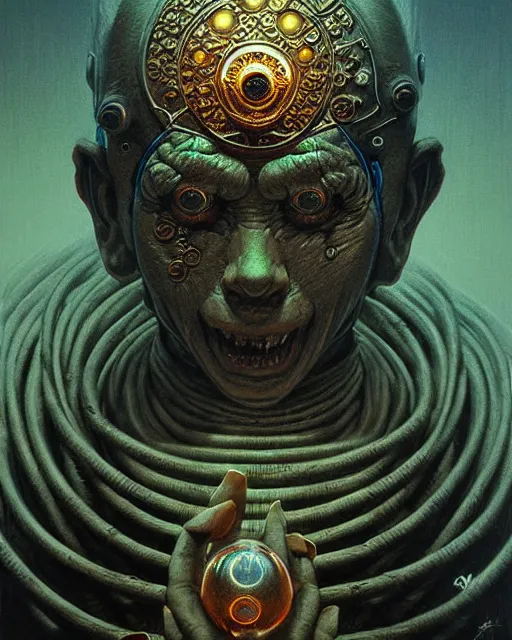 Image similar to zenyatta from overwatch, character portrait, portrait, close up, concept art, intricate details, highly detailed, horror poster, horror, vintage horror art, realistic, terrifying, in the style of michael whelan, beksinski, and gustave dore