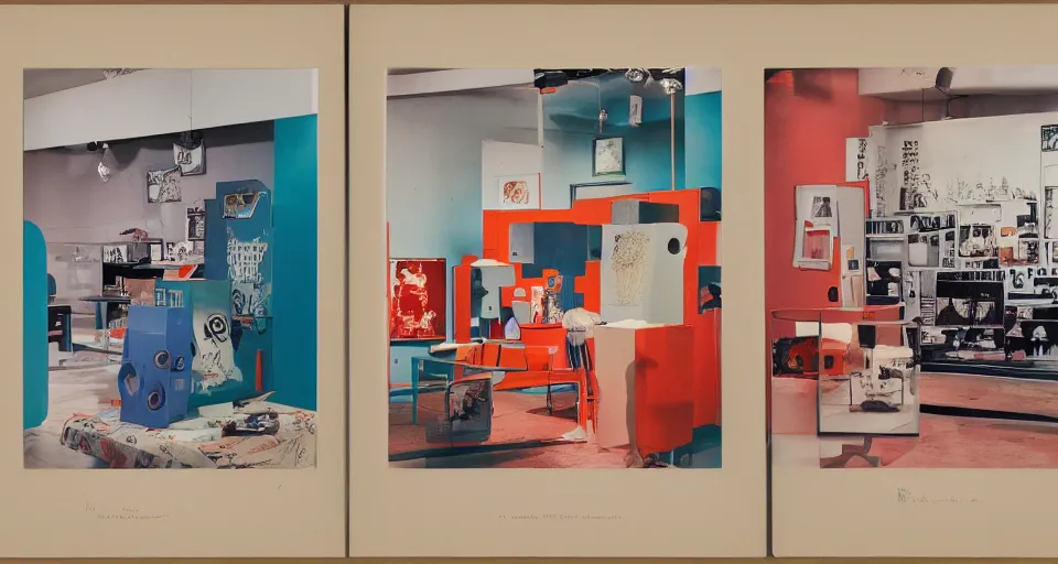 Image similar to A three color offset photography of objects on display, vinili, macchine fotografiche, obiettivi , exhibition, 60s style