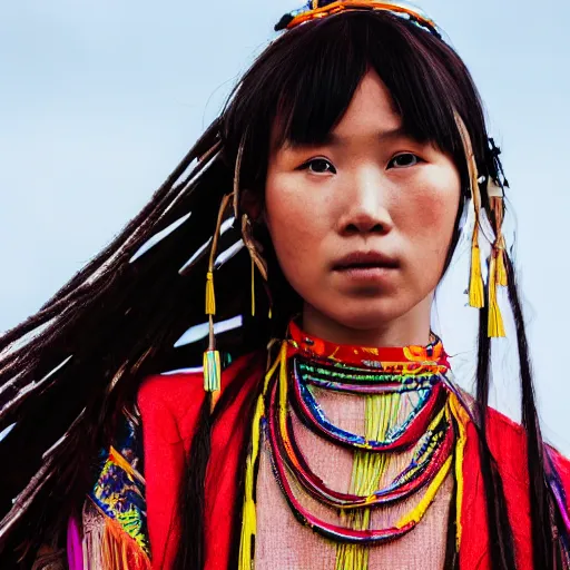 Prompt: closeup photo of a young chinese tribal woman in the style of rosie matheson