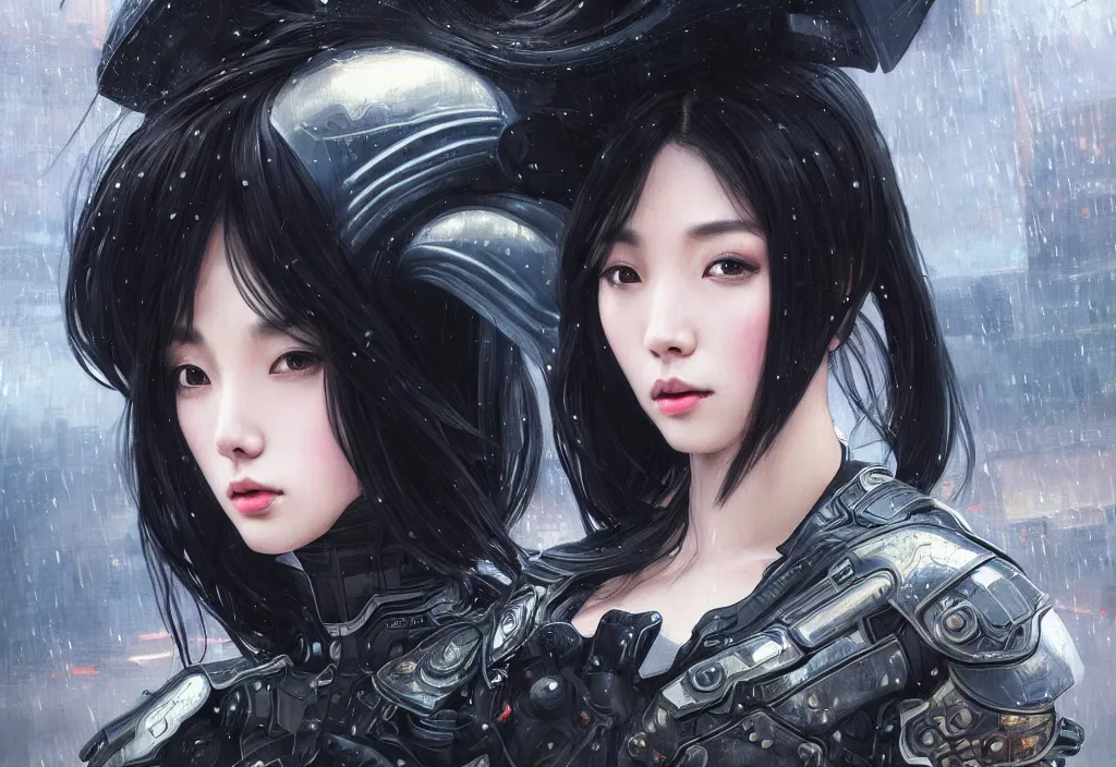 Image similar to portrait dilireba + black hair of futuristic female police, black armored uniform, at rooftop futuristic colorpunk tokyo rainy night, ssci - fi and fantasy, intricate and very very very beautiful, highly detailed, digital painting, artstation, concept art, smooth and sharp focus, illustration, art by tian zi and wlop and alphonse mucha