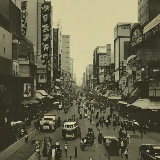 Image similar to 1800s photo of modern Akihabara, sepia, faded