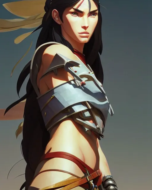 Image similar to azctec warrior, megan fox, detailed perfect face, exquisite details, fire magic, mid view, design on a white background, by studio muti, greg rutkowski makoto shinkai takashi takeuchi studio ghibli