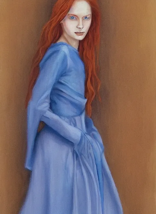 Prompt: a portrait of a young woman with ginger hair and light blue eyes wearing a traditional silk dress with very long sleeves. she looks at the viewer with a curious, witty expression. beautiful painting of shallan davar by jia ruan.