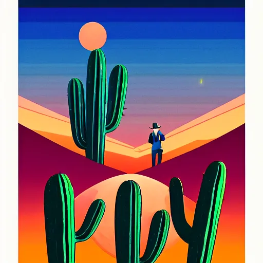 Prompt: digital illustration cowboy on the range, beautiful New Mexico sunset, cactus, Art Deco, dark deco, vibrant colors, vivid color, animated series, by Eric Radomski