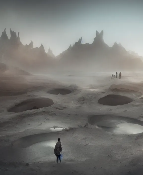 Image similar to surreal futuristic exploration in iceland beach, bioremediation architecture in the desert, foggy, highly detailed, digital painting, arstation, concept art, hyperealistic octane render, unreal engine,