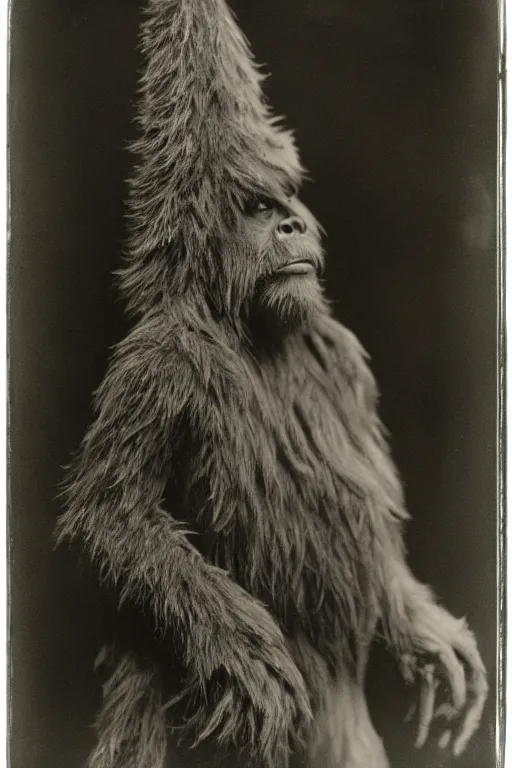 Prompt: a wet plate photograph of a Bigfoot trying on a hat