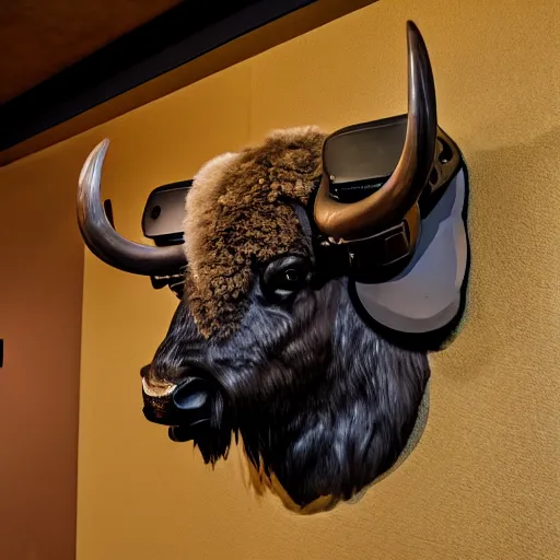 Image similar to hunting trophy in the form of a bison, head dressed in oculus vr, nailed to the wall,