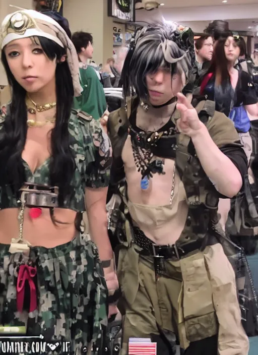 Image similar to hot topic anime convention, military fashion cosplay, camcorder vhs footage