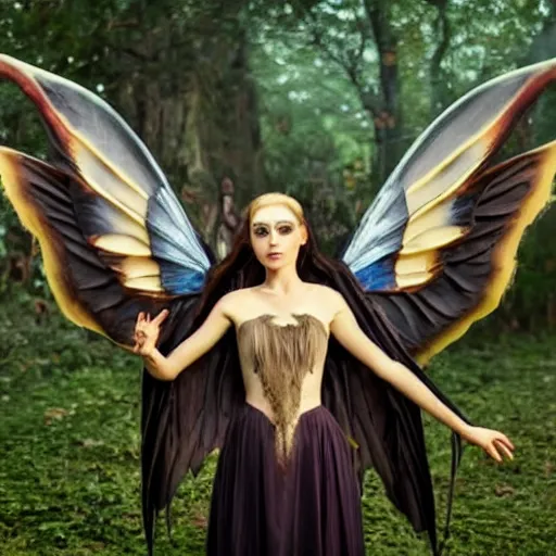 Image similar to fairy with wings, similar to maleficent, fantasy, lord of the rings, dark mood