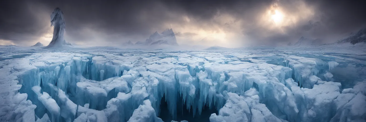 Image similar to amazing landscape photo of A gigantic monster trapped under the ice by marc adamus beautiful dramatic lighting