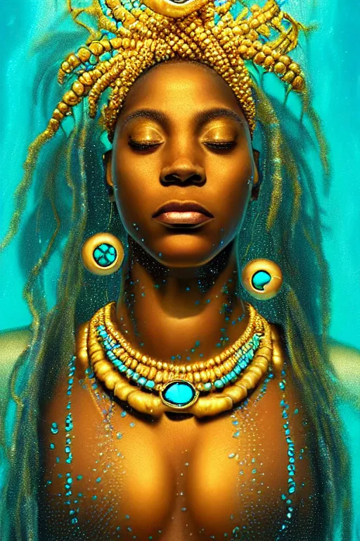 Image similar to hyperrealistic precisionist whole body cinematic bioluminescent very expressive! oshun goddess underwater scene, gold jewerly, highly detailed face, digital art masterpiece, smooth eric zener cam de leon, dramatic pearlescent turquoise light on one side, low angle uhd 8 k, shallow depth of field