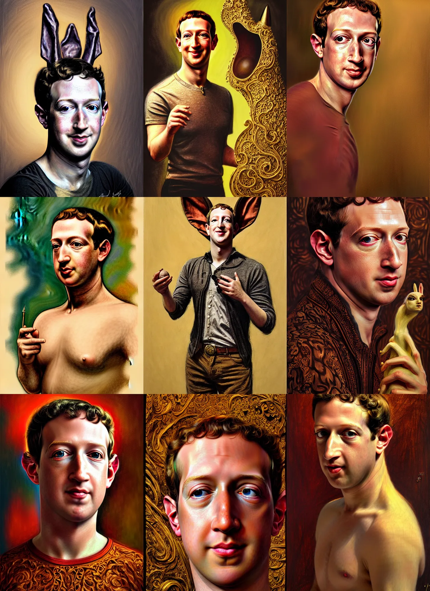 Prompt: 1960s Neo Rococo Expressionist, 1960s orientalism, diffuse lighting, fantasy, intricate, elegant, highly detailed, lifelike, photorealistic, digital painting, artstation, illustration, concept art, smooth, sharp focus, Mark Zuckerberg with giant ears, art by John Collier and Albert Aublet and Krenz Cushart and Artem Demura and Alphonse Mucha