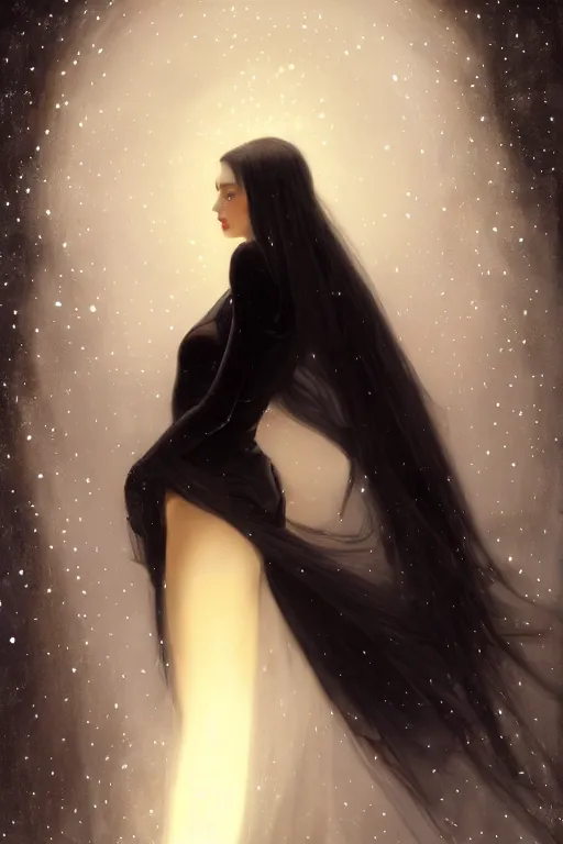 Image similar to Nocturne, glowing, stars, a long-legged elegant evil woman, long black hair, pearl amulet, highly detailed, mysterious, ethereal, dressed in black velvet, haute couture, illustration, dramatic lighting, soft details, painting, by Edmund Blair Leighton, Brom, Charlie Bowater, trending on artstation, faces by otto schmidt