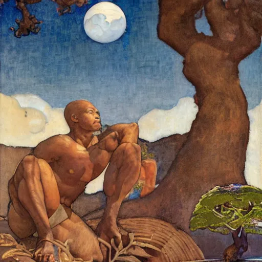 Prompt: Muscular African gardener cutting bonsai trees, grey Hair, idyllic Garden, by Annie Swynnerton and Nicholas Roerich and jean delville, glowing paper lanterns, strong dramatic cinematic lighting , ornate tiled architecture, lost civilizations, smooth, sharp focus, extremely detailed