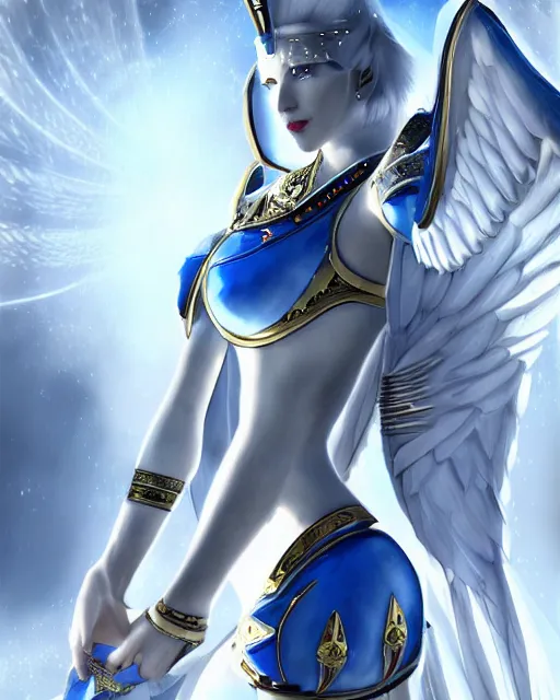 Image similar to perfect white haired attractive egyptian goddess with huge white dove wings, warframe armor, beautiful, symmetric, dreamy, half asian, pretty face, blue eyes, detailed, scifi platform, laboratory, experiment, 4 k, ultra realistic, epic lighting, android body, illuminated, cinematic, masterpiece, art by akihito tsukushi, voidstar