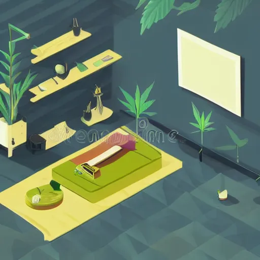 Prompt: room of cannabis paraphernalia isometric vector illustration minimalist by earle, eyvind render in octane