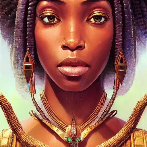 Image similar to highly detailed portrait of an african egyptian goddess, intricate alien technology, stephen bliss, unreal engine, fantasy art by greg rutkowski, loish, rhads, ferdinand knab, makoto shinkai and lois van baarle, ilya kuvshinov, rossdraws, tom bagshaw, global illumination, radiant light, detailed and intricate environment